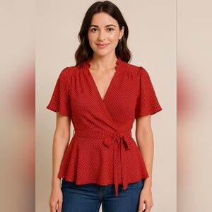 Monteau Red Dotted Wrap Blouse